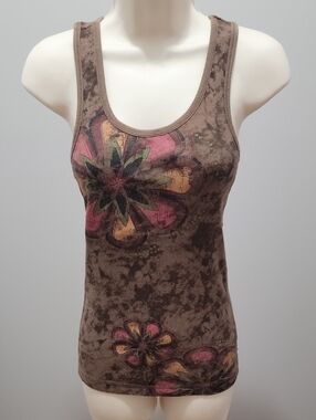 Brown Floral Scoop Neck Tank Top Sz S